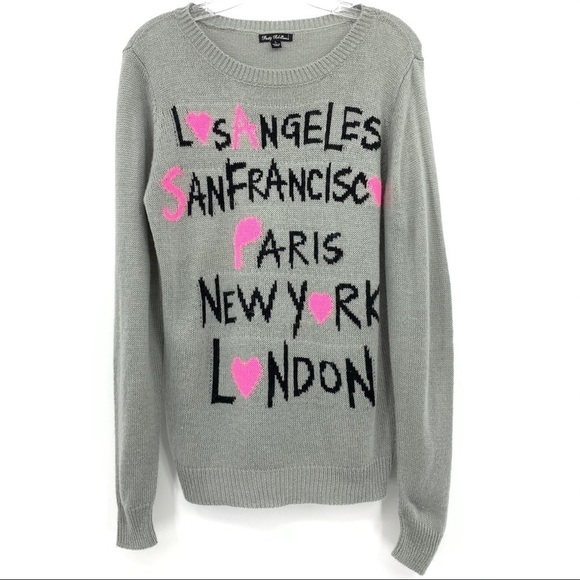 Pretty Rebellious Gray City Graphic Crewneck Pullover Sweater Size Large - Picture 3 of 8